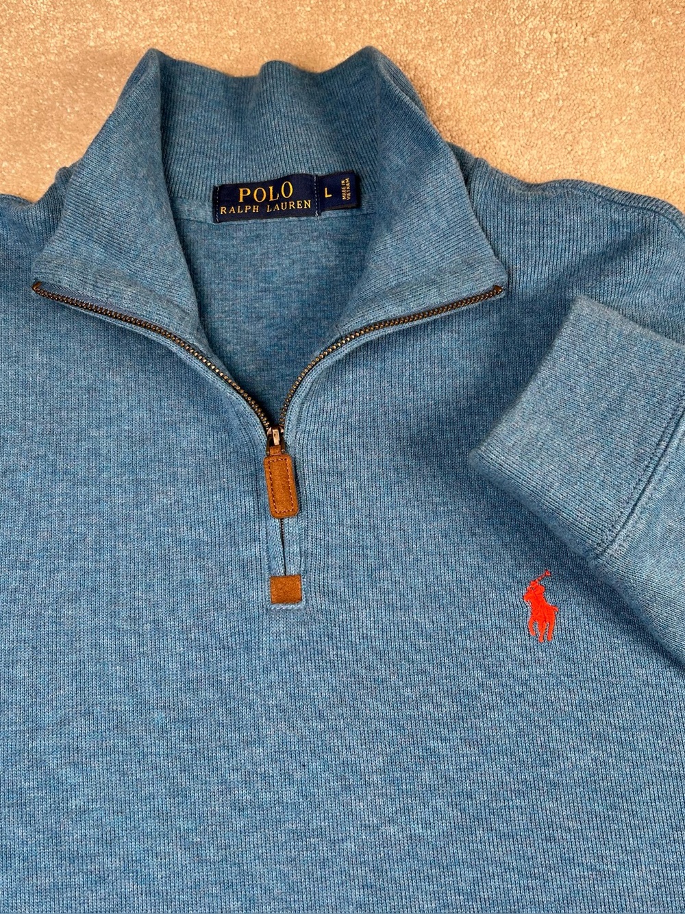 Polo Ralph Lauren Sweater Quarter Zip Blue Orange Pony Pullover Cotton Men's Lg